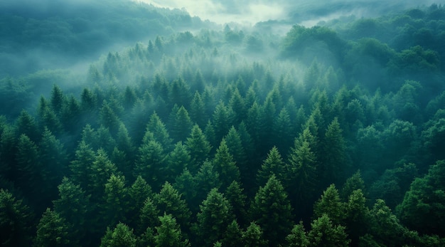 Panorama of green forest landscape with trees trunks