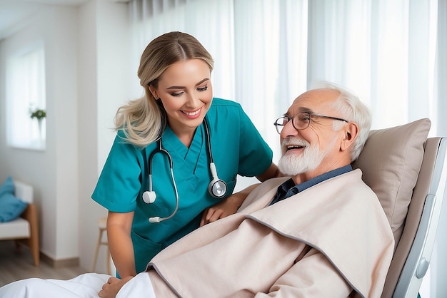 Panorama of a happy nurse with a stethoscope covering an elderly man with a blanket in a nursing home