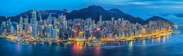 Panorama of Hong Kong city in Victoria harbor side