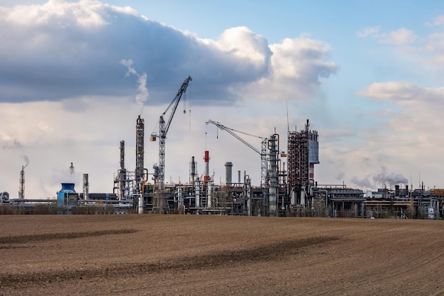 Panorama of industrial landscape environmental pollution waste of thermal power plant Big pipes of chemical industry enterprise plant