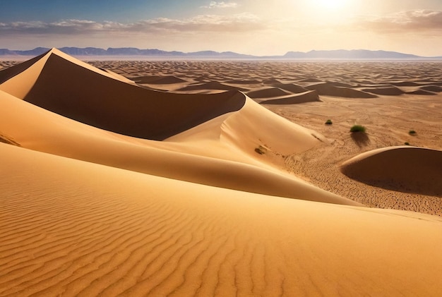 Panorama of landscape Sahara desert sand mountains and stones sunny day View of expanses of desert h