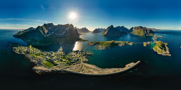 Panorama Lofoten is an archipelago in the county of Nordland, Norway. Is known for a distinctive scenery with dramatic mountains and peaks, open sea and sheltered bays, beaches and untouched lands.