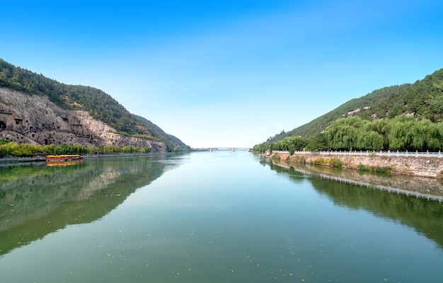 Panorama of Longmen Grottoes, Luoyang, Henan, China.