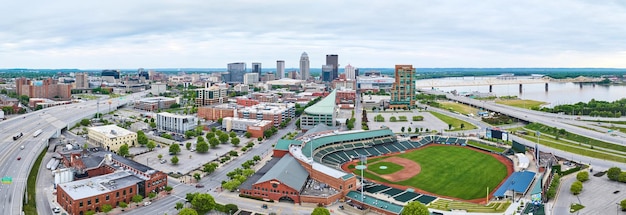 Panorama Louisville Kentucky aerial with highway system and Louisville Slugger Field aerial