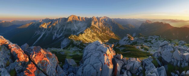 Photo a panorama of majestic mountains at sunset