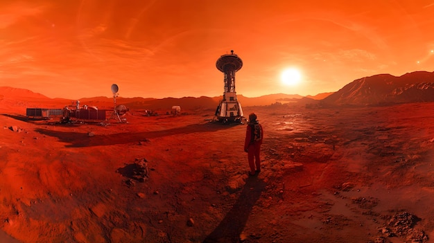 Photo a panorama of a mars station with the martian landscape in the background