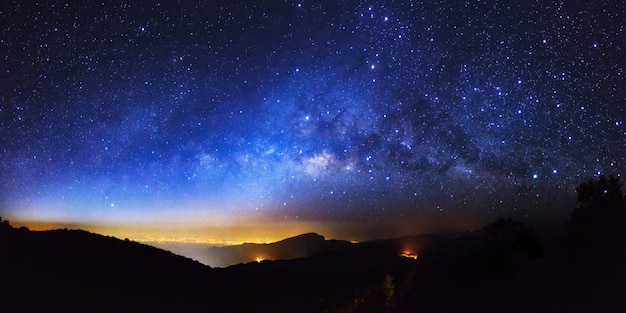 Panorama Milky Way Galaxy at Doi inthanon Chiang mai Thailand Long exposure photograph With grain