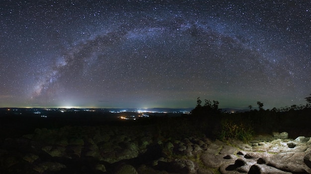 Panorama Milky way galaxy with knob stone ground is name Lan Hin Pum viewpoint at Phu Hin Rong Kla National Park in Phitsanulok Thailand