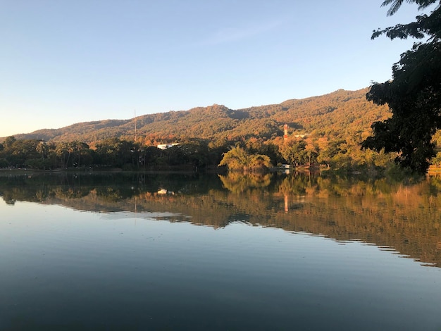 Panorama of mountain and lake beautiful calm reflection waterBeauty of nature concept background