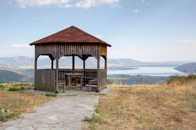 Panorama of a mountain lake Orestiada and countryside on a sunny day Macedonia northwest Greece