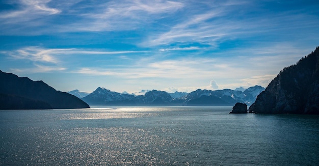 Panorama of mountains by Resurrection bay near Seward in Alaska