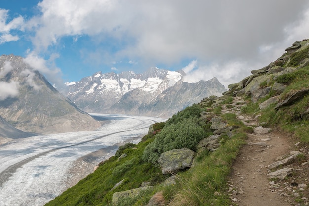 Panorama of mountains scene, walk through the great Aletsch Glacier, route Aletsch Panoramaweg in national park Switzerland, Europe. Summer landscape, sunshine weather, blue sky and sunny day