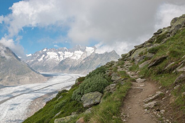 Panorama of mountains scene, walk through the great Aletsch Glacier, route Aletsch Panoramaweg in national park Switzerland, Europe. Summer landscape, sunshine weather, blue sky and sunny day