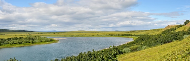 Panorama of the Northern river in the tundra