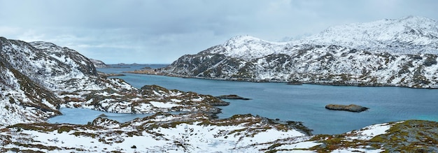 Panorama of norwegian fjord lofoten islands norway