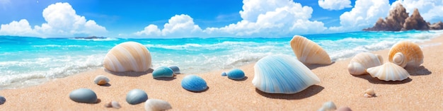 Panorama of ocean beach on a sunny day with big and small shells and sea stones Seascape illustration with sand beach waves turquoise water and sky with white clouds Generative AI