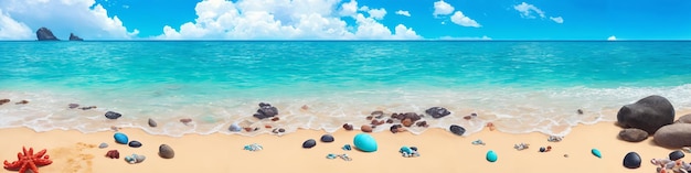 Panorama of ocean beach on a sunny day with many shells and sea stones Seascape illustration with sand beach turquoise water and sky with white clouds Generative AI