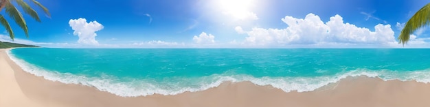 Panorama of ocean beach on a sunny day with waves crashing on the shore Seascape illustration with sand beach turquoise water sun and sky with clouds Generative AI