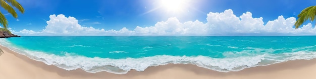 Panorama of ocean beach on a sunny day with waves crashing on the shore Seascape illustration with sand beach turquoise water sun and sky with clouds Generative AI