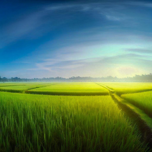 Panorama paddy fields in the morning light with blue sky