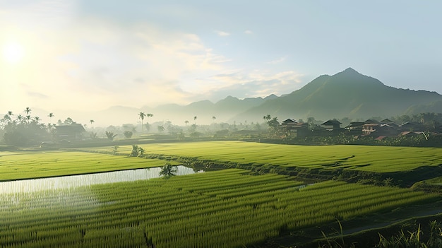 panorama paddy fields in the morning light