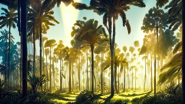 Panorama of the palm forest at sunset the sun's rays through the trees fantasy forest fog palm jungle 3D illustration