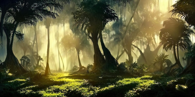 Panorama of the palm forest at sunset the sun's rays through the trees fantasy forest fog palm jungle 3D illustration