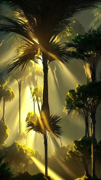 Panorama of the palm forest at sunset the sun's rays through the trees fantasy forest fog palm jungle 3D illustration