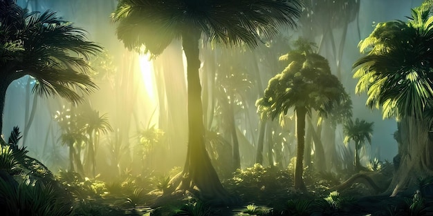 Panorama of the palm forest at sunset the sun's rays through the trees fantasy forest fog palm jungle 3D illustration