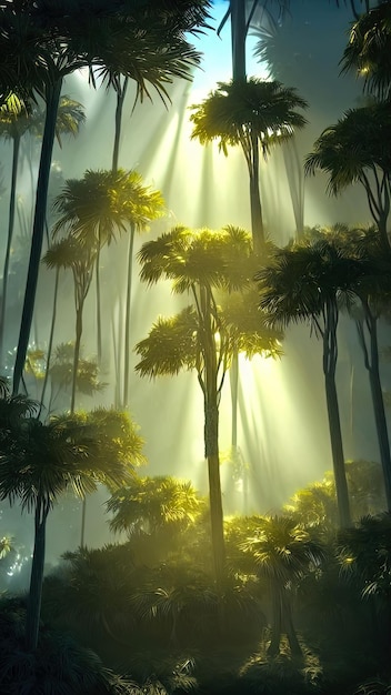 Panorama of the palm forest at sunset the sun's rays through the trees fantasy forest fog palm jungle 3D illustration