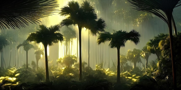 Panorama of the palm forest at sunset the sun's rays through the trees fantasy forest fog palm jungle 3D illustration