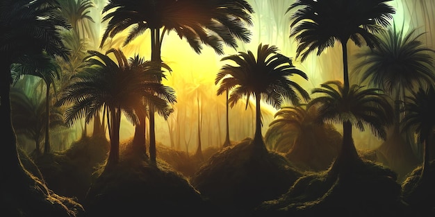 Panorama of the palm forest at sunset the sun's rays through the trees fantasy forest fog palm jungle 3D illustration