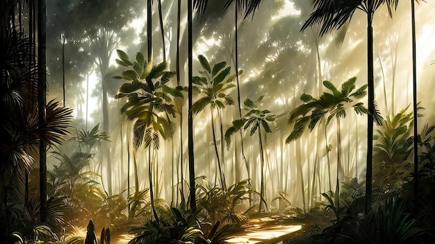 Panorama of the palm forest at sunset the sun's rays through the trees fantasy forest fog palm jungle 3D illustration