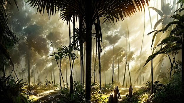 Panorama of the palm forest at sunset the sun's rays through the trees fantasy forest fog palm jungle 3D illustration