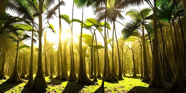 Panorama of the palm forest at sunset the sun's rays through the trees fantasy forest fog palm jungle 3D illustration