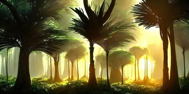 Panorama of the palm forest at sunset the sun's rays through the trees fantasy forest fog palm jungle 3D illustration