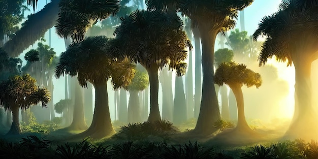 Panorama of the palm forest at sunset the sun's rays through the trees fantasy forest fog palm jungle 3D illustration