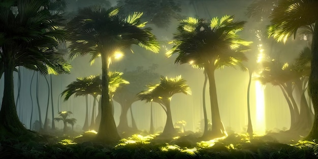 Panorama of the palm forest at sunset the sun's rays through the trees fantasy forest fog palm jungle 3D illustration