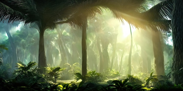 Panorama of the palm forest at sunset the sun's rays through the trees fantasy forest fog palm jungle 3D illustration