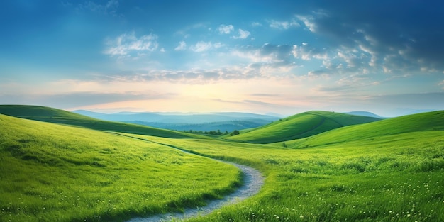 Panorama of picturesque mountain scenery in the Alps with fresh blooming green fields cutting the road on a sunny spring day Germany