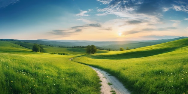 Panorama of picturesque mountain scenery in the Alps with fresh blooming green fields cutting the road on a sunny spring day Germany