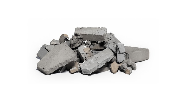 Panorama A pile of gray concrete debris remains of a destroyed building on a white Generative AI