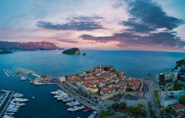 Panorama of port with boats for excursions on the adriatic sea near the island of st stevan in the e