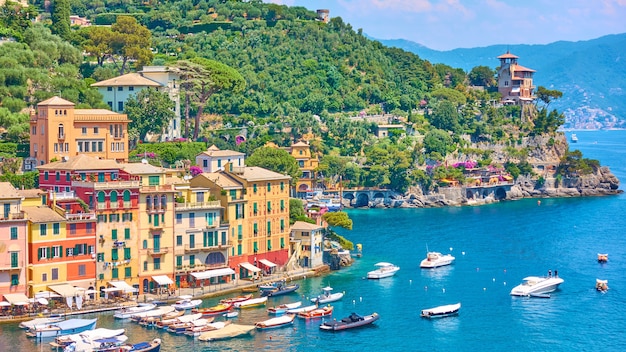 Panorama of Portofino town -  luxury resort on the Italian riviera in Liguria, Italy