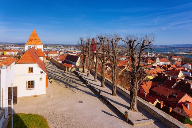 Panorama in Ptuj Castle on Old town in Slovenia. Architecture in Slovenija. Travel