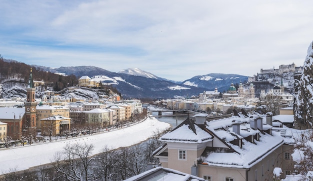 Panorama of Salzburg in winter Snowy historical center and old city