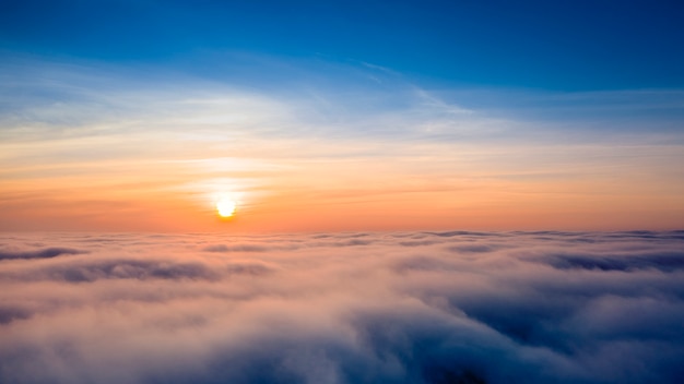 Panorama of the sky, aerial view, dawn or sunset, blue hour.