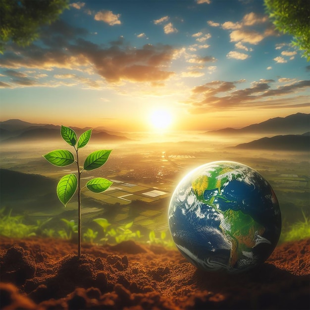 Panorama small tree growing with sunrise green world and earth day concept