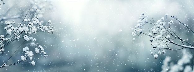 Panorama of snow-covered branches of dry grass during a snowfall, copy space