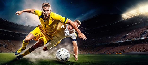 panorama of soccer player kicking towards goal in football stadium at night